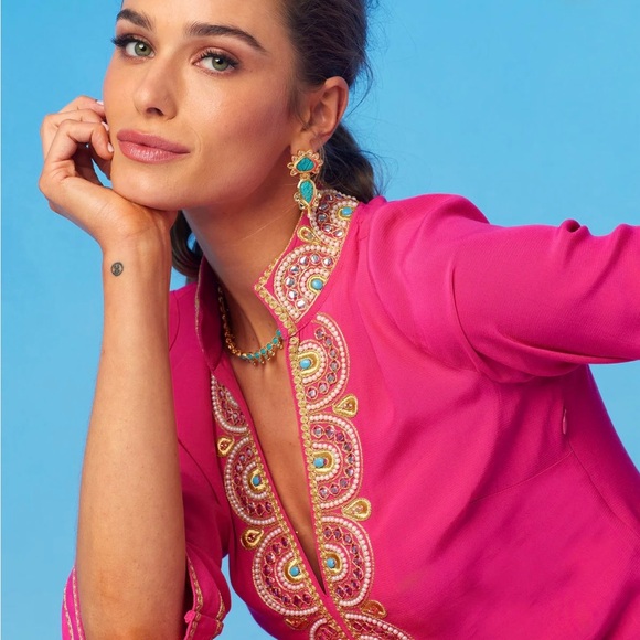 NWOT NICOBLU NOOR LONG FUCHSIA TUNIC DRESS WITH GOLD EMBELLISHMENT SIZE 4 - Picture 3 of 8